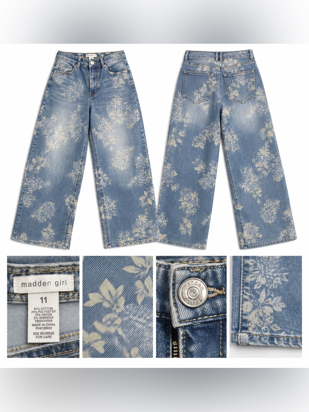 Madden Girl Women 11 Floral Wide Leg Jeans High Rise Blue Printed Denim